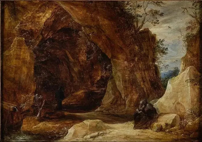 Ermitão sentado sobre uma rocha na entrada de uma caverna - David Teniers o Jovem