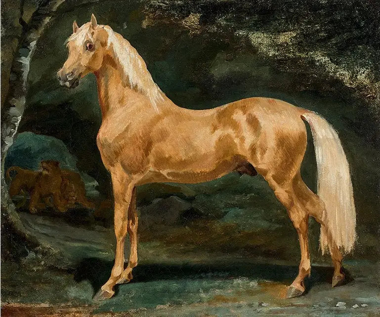 Équino árabe palomino assustado por duas feras - Théodore Géricault