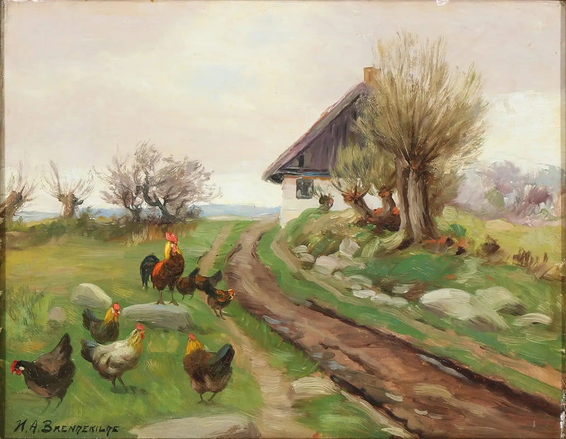 Exterior da fazenda com galinhas - H. A. Brendekilde