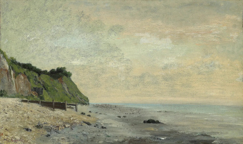 Falésia à beira-mar, vista para Petite Plage, sol nascente - Gustave Courbet