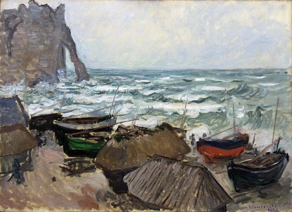 Reproduction du tableau « Falaises et barques à Étretat - Claude Monet » par Alpha Reproduction en peinture à l’huile