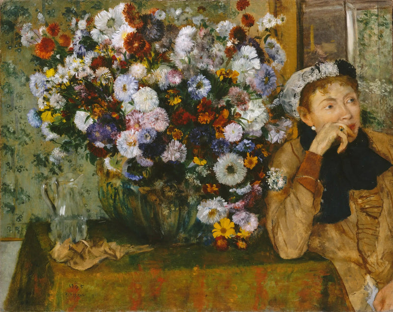Mulher sentada ao lado de um vaso de flores - Edgar Degas
