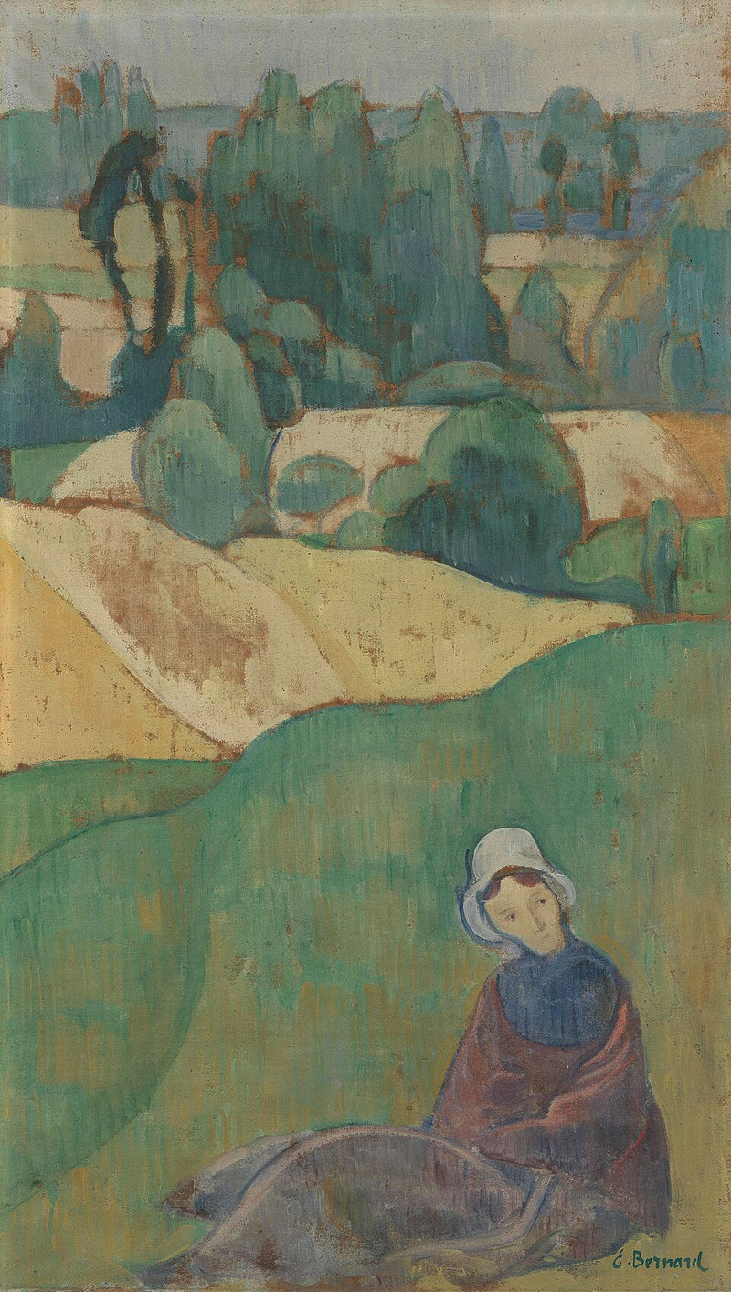 Mulher sentada em um campo: Bretanha - Émile Bernard