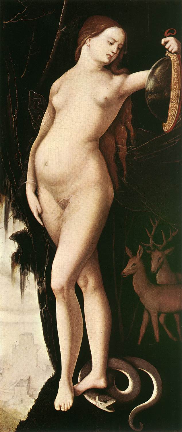 Mulher com espelho, cobra, cervo e cachorro - Hans Baldung Grien