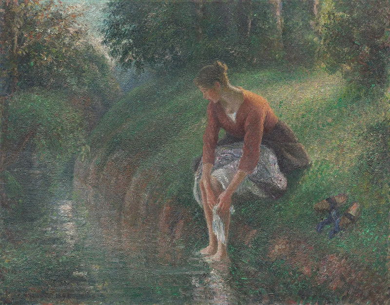 Mulher banhando os pés em um riacho - Camille Pissarro