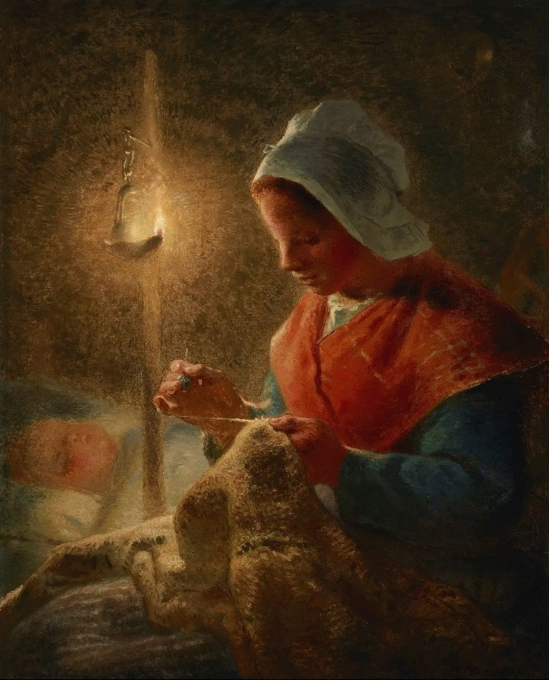 Mulher costurando à luz de uma lâmpada - Jean-François Millet