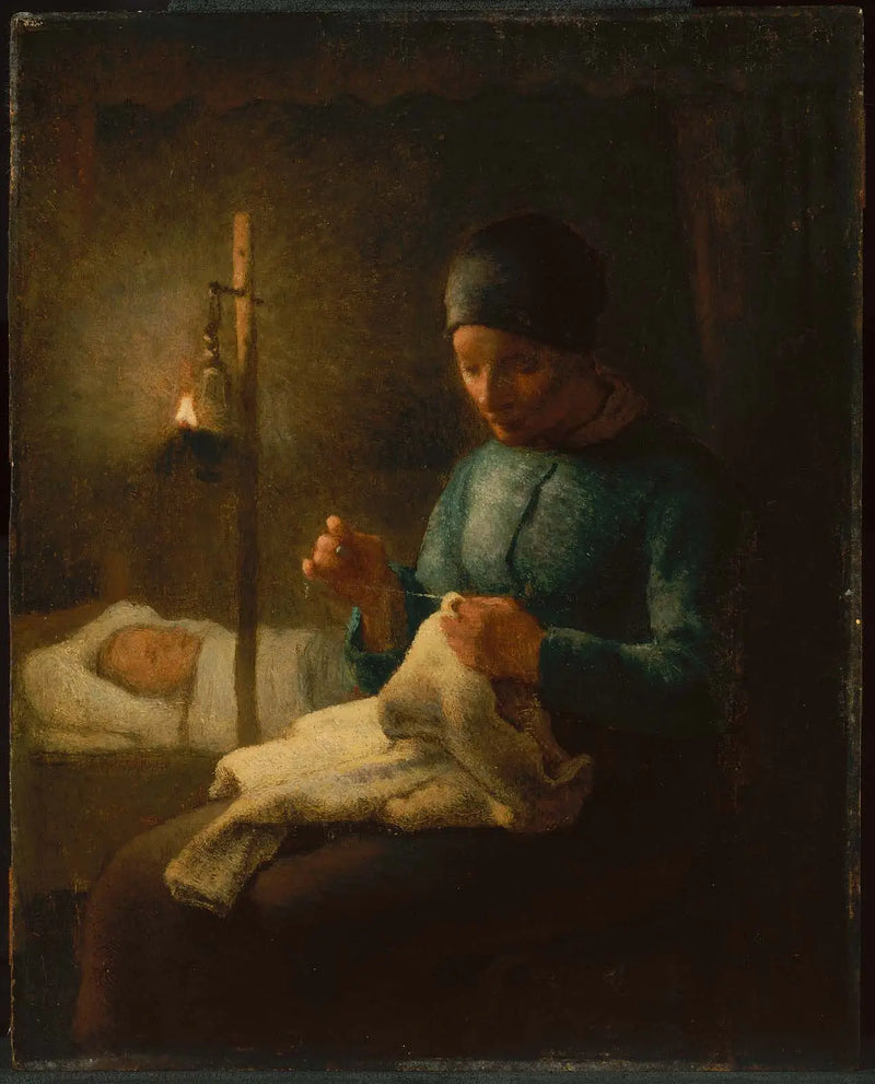 Mulher costurando ao lado de seu filho dormindo - Jean-François Millet