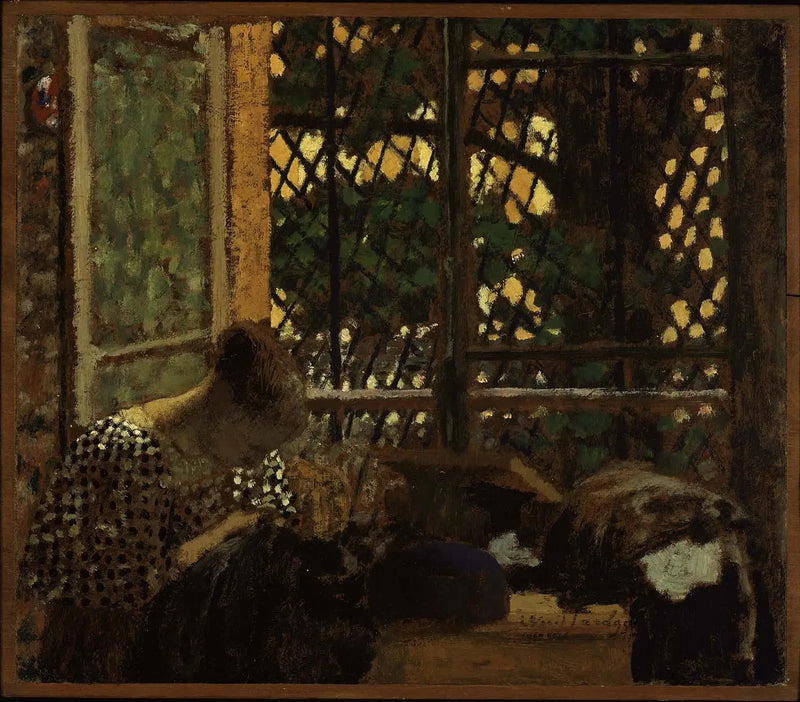 Mulher costurando em frente a uma janela de jardim - Édouard Vuillard