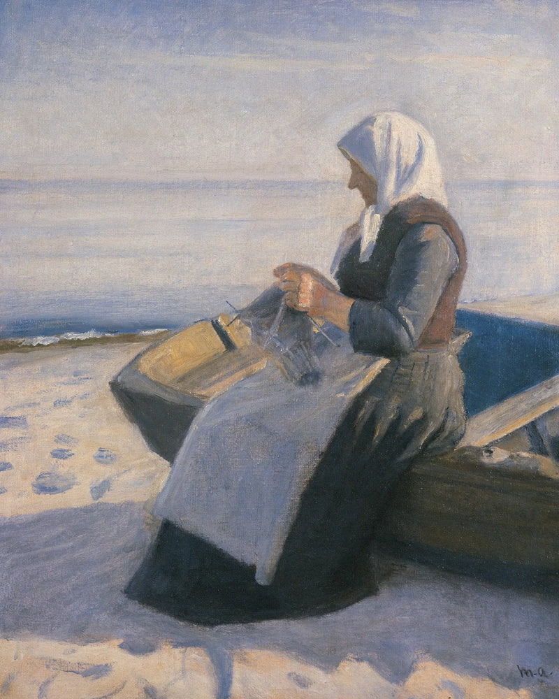 Mulher de pescador tricotando na praia de Skagen - Michael Peter Ancher