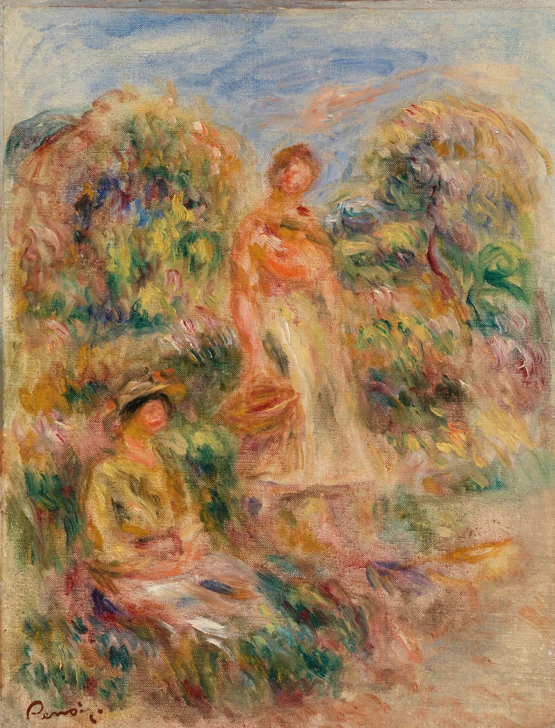 Mulher em pé e mulher sentada em uma paisagem - Pierre-Auguste Renoir