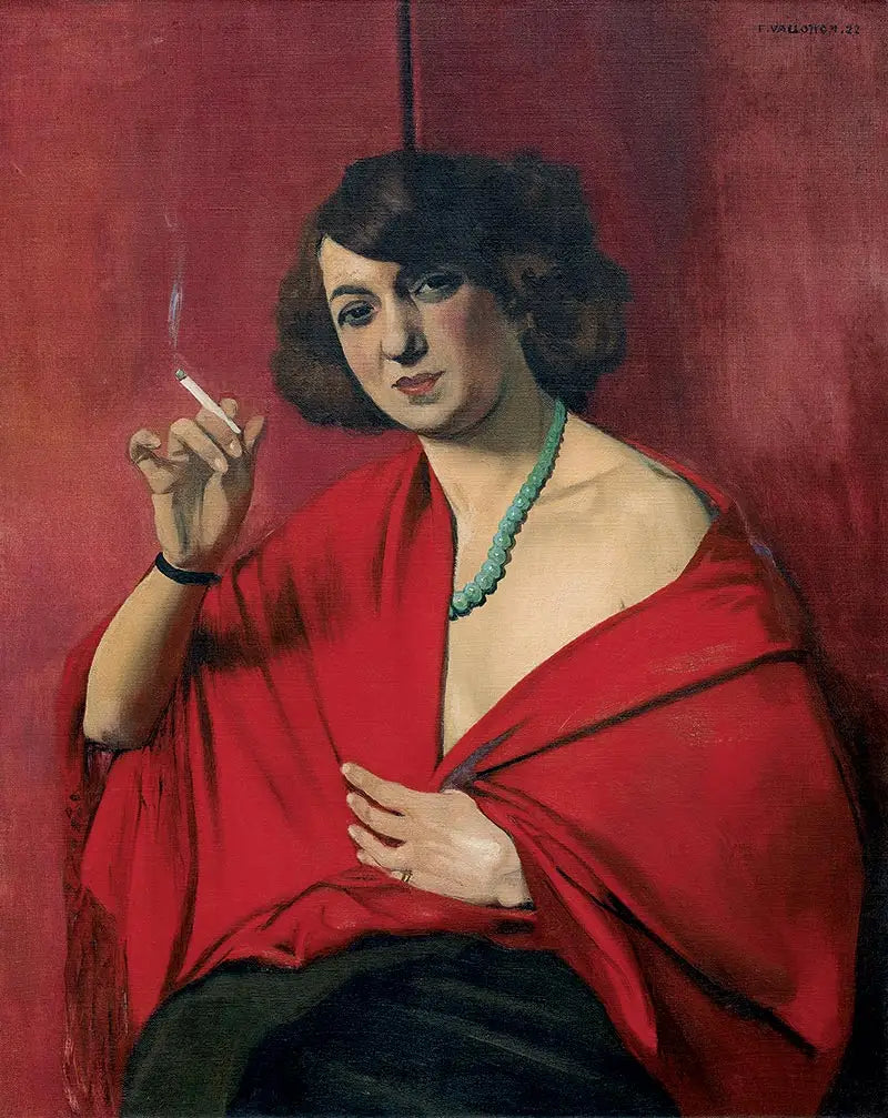 Mulher drapeada de vermelho segurando um cigarro - Félix Vallotton
