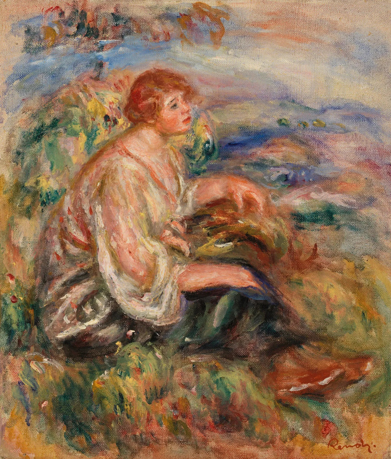 Mulher em blusa de tule e saia preta em uma paisagem - Pierre-Auguste Renoir