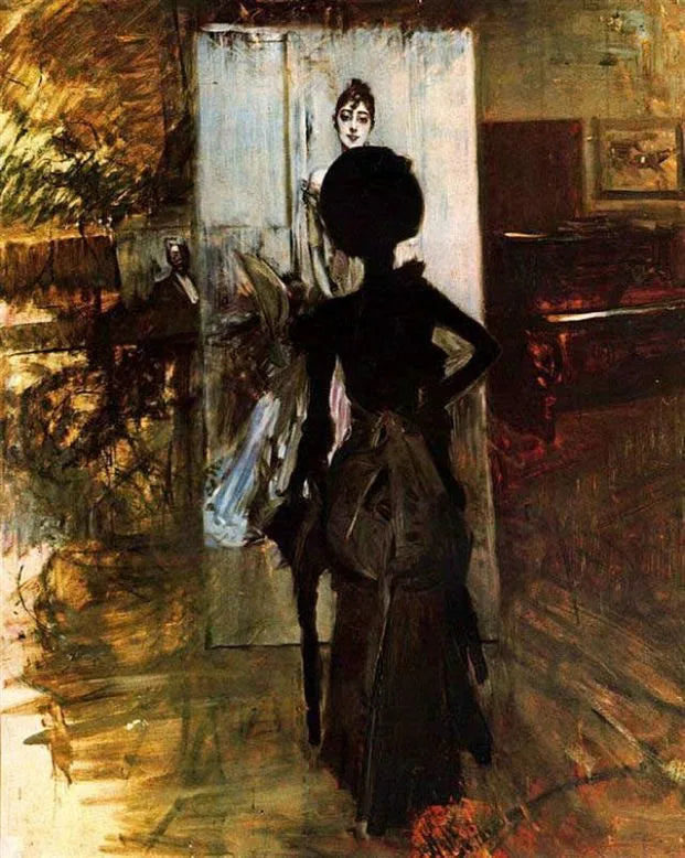 Mulher de preto observando o « Pastel branco » - Giovanni Boldini