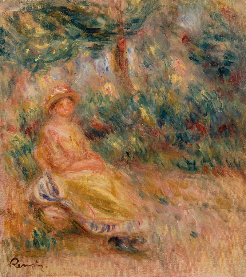 Mulher em rosa e amarelo em uma paisagem - Pierre-Auguste Renoir
