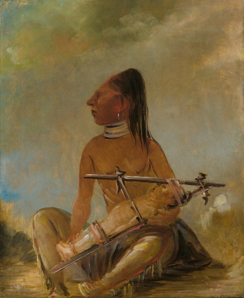 Mulher e criança, mostrando como as cabeças das crianças são achatadas - George Catlin