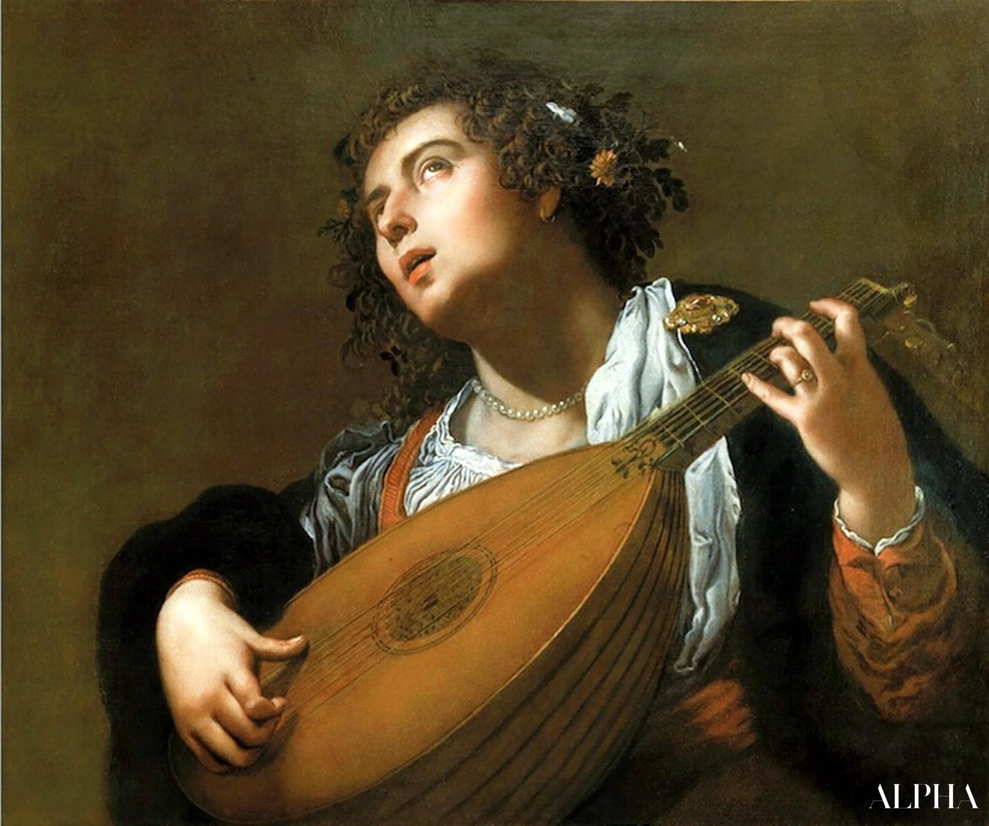 Reproduction du tableau « Femme jouant du luth - Artemisia Gentileschi » par Alpha Reproduction en peinture à l’huile