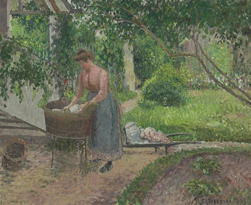 Mulher lavando roupas no jardim, Éragny - Camille Pissarro