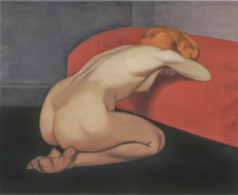 Mulher nua ajoelhada diante de um sofá vermelho - Félix Vallotton