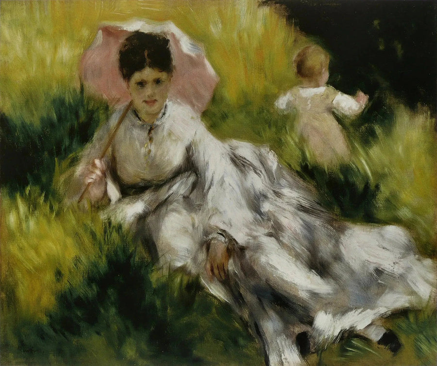 Mulher com um guarda-sol e uma criança pequena em uma colina ensolarada - Pierre-Auguste Renoir