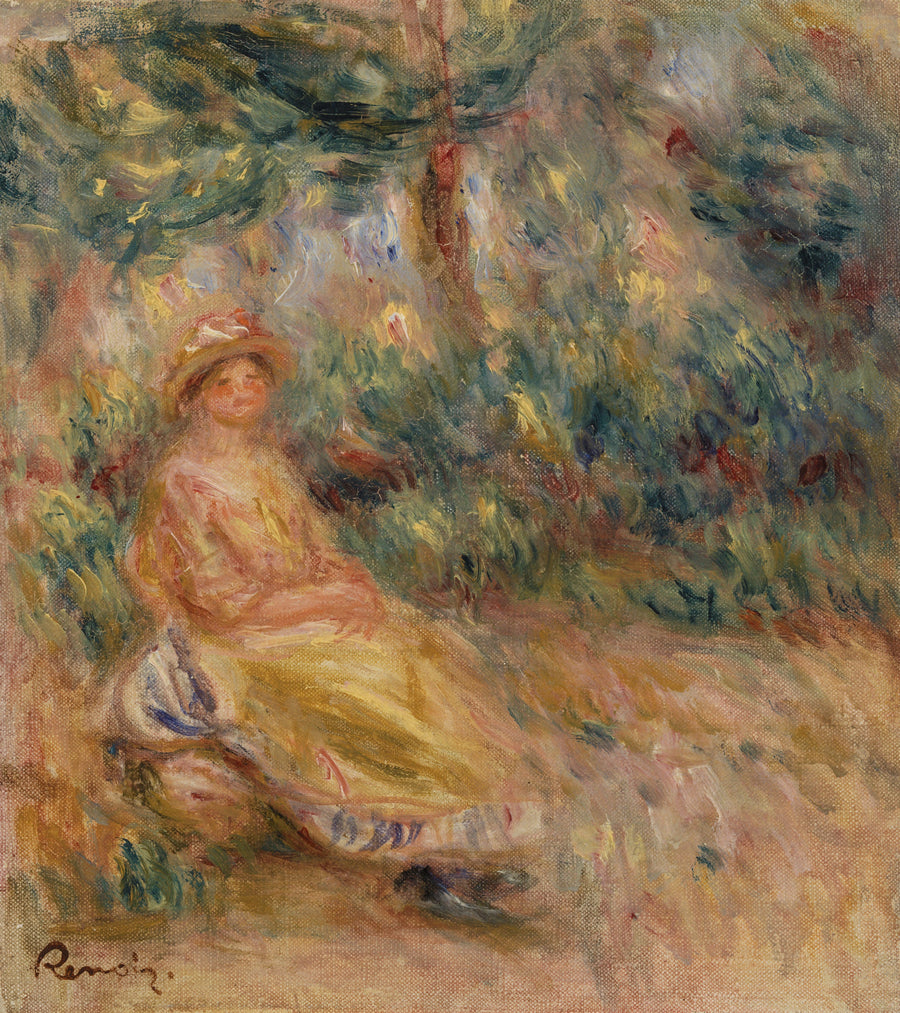 Mulher em rosa e amarelo em uma paisagem - Pierre-Auguste Renoir
