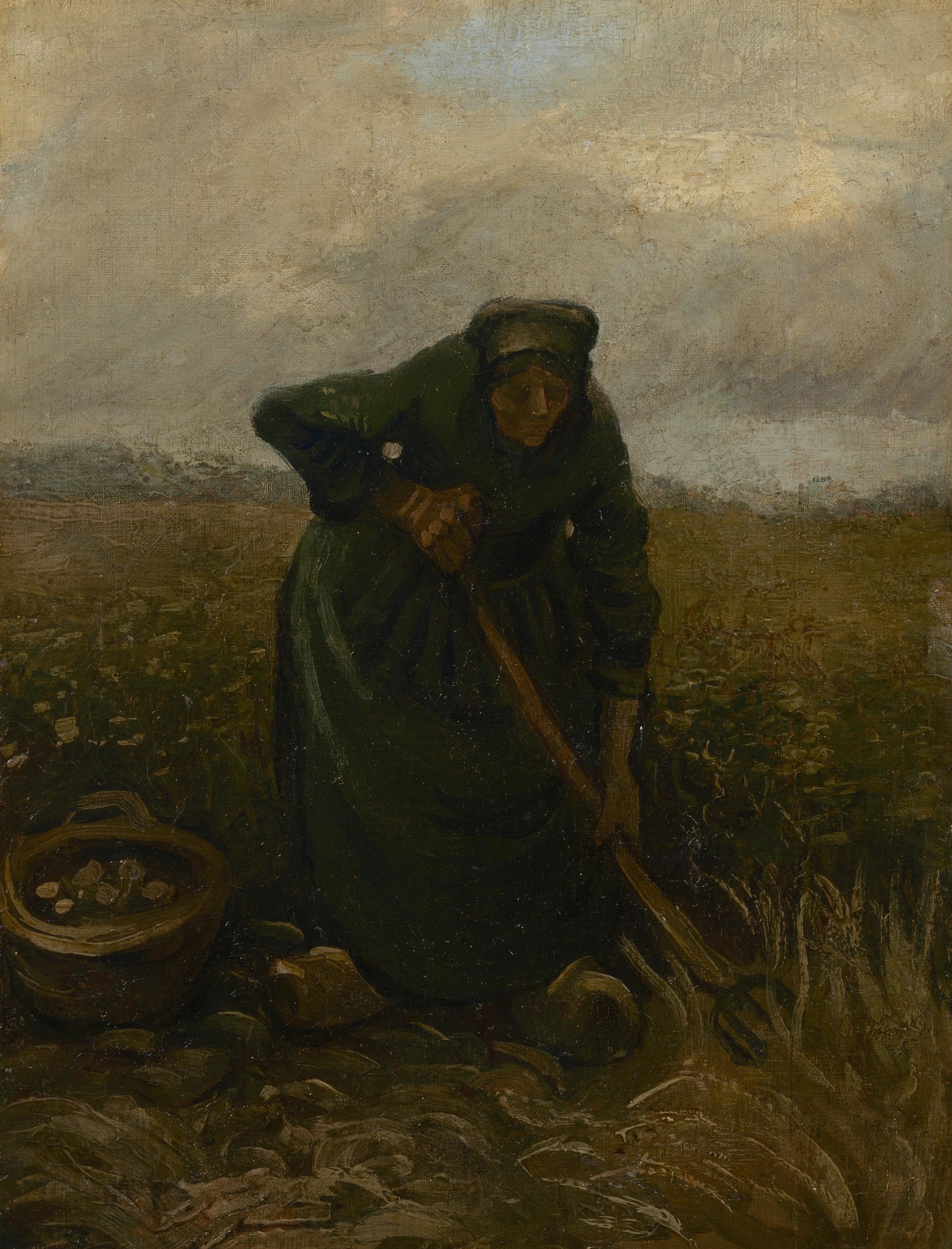 Femme soulevant des pommes de terre F147 — paysanne maniant une fourche dans un champ peinte par Vincent van Gogh