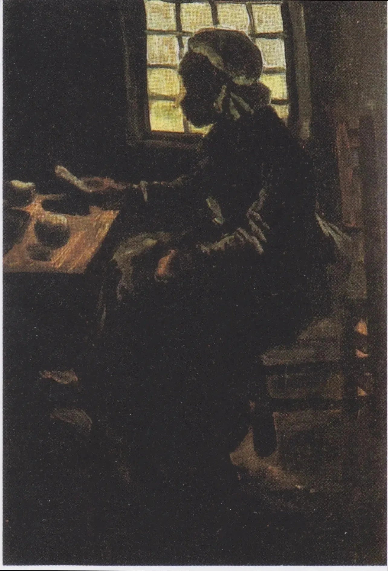 Femme à table F72 — paysanne assise en silhouette devant une fenêtre lumineuse, peinte par Vincent van Gogh