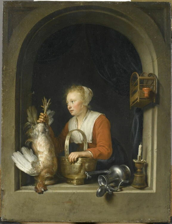 Femme tenant un coq mort - Gerard Dou