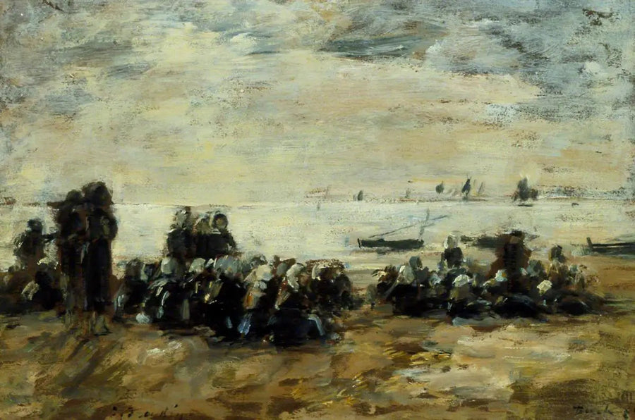 Mulheres esperando os barcos de pesca na praia de Berck - Eugène Boudin