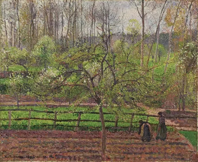 Mulheres em um pomar, primavera, tempo cinza, Éragny - Camille Pissarro