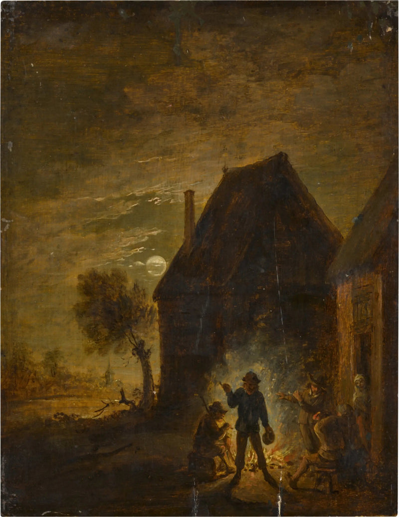 Fazenda ao luar com personagens ao redor de uma fogueira - David Teniers Júnior