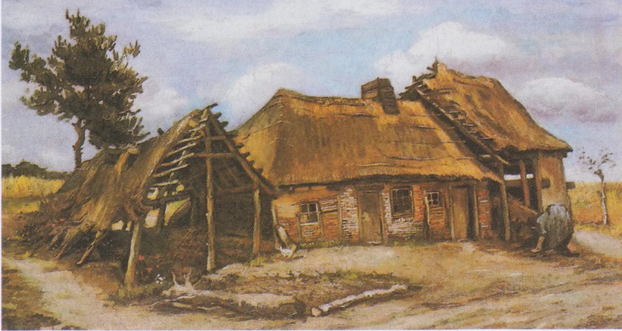 Fazenda com uma camponesa curvada em vestido azul - Vincent van Gogh