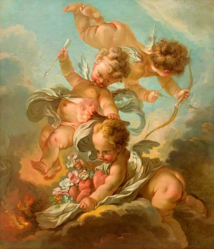 Fogo: Três putti segurando um arco e uma flecha, uma tocha acesa e um manto contendo corações e flores - François Boucher