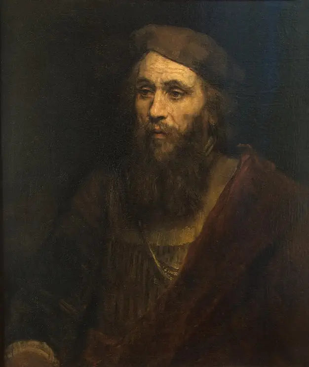 Figura de meio corpo de um homem com barba e boina - Rembrandt