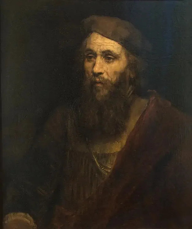 Figura de meio corpo de um homem com barba e boina - Rembrandt