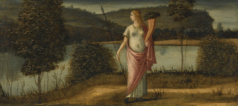 Figura alegórica de uma mulher em uma paisagem segurando uma lança e um chifre de abundância - Vittore Carpaccio