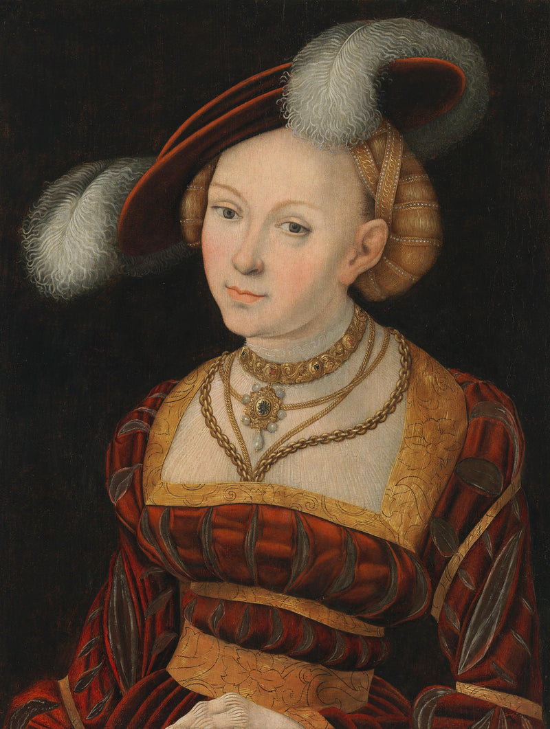 Figura feminina de meia-figura com um chapéu de penas - Lucas Cranach o Velho