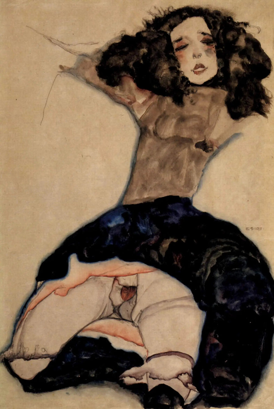 Menina com cabelo preto e saia levantada - Egon Schiele