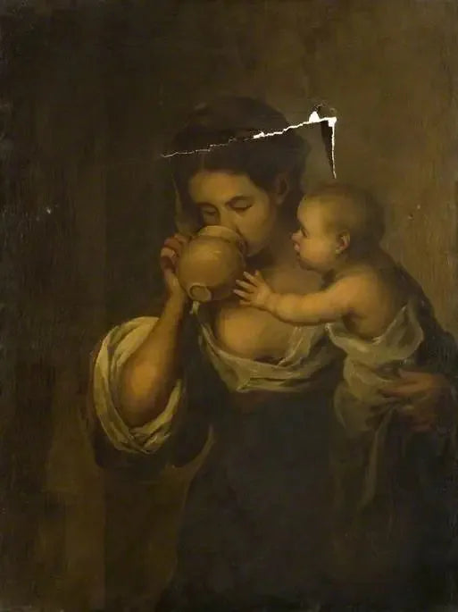 Menina bebendo com uma criança ao seu braço - Bartolomé Esteban Murillo