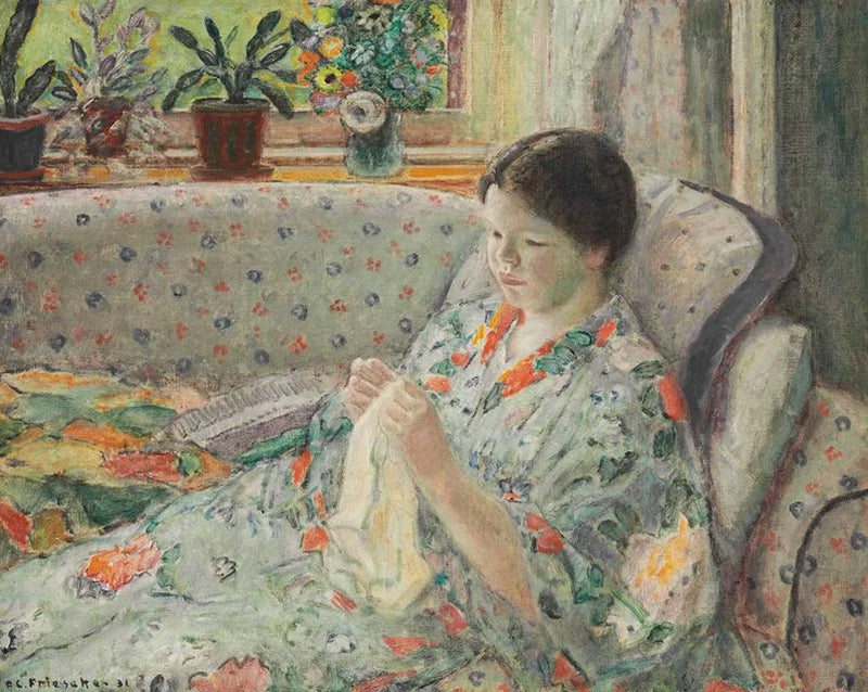 Menina costurando (o vestido chinês) - Frederick Carl Frieseke