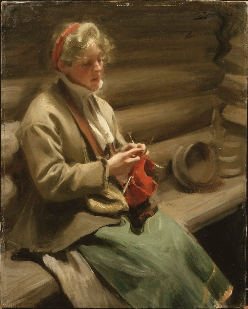 Menina dalécarlia tricotando. Margit com repolho - Anders Zorn