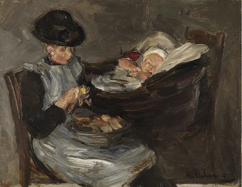 Filha de Laren descascando batatas com uma criança adormecida em uma cesta - Max Liebermann