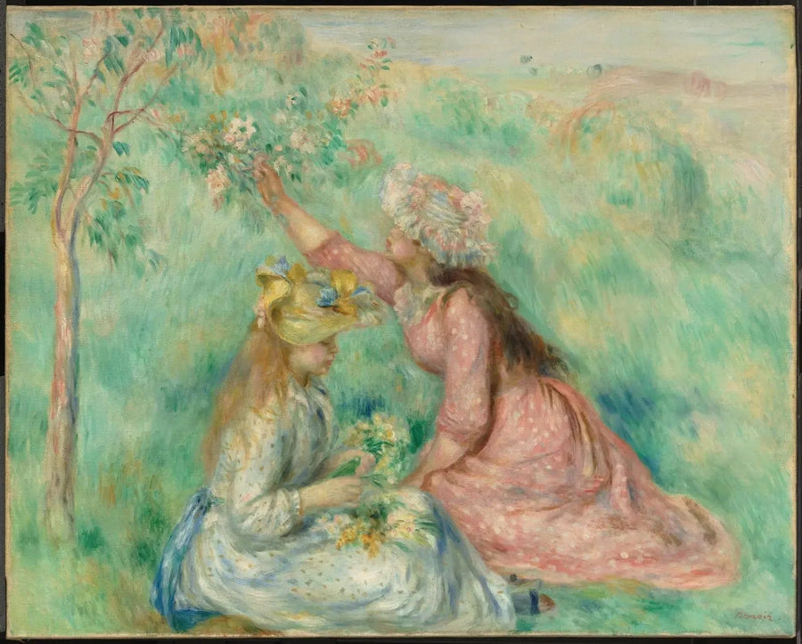 Meninas colhendo flores em um campo - Pierre-Auguste Renoir