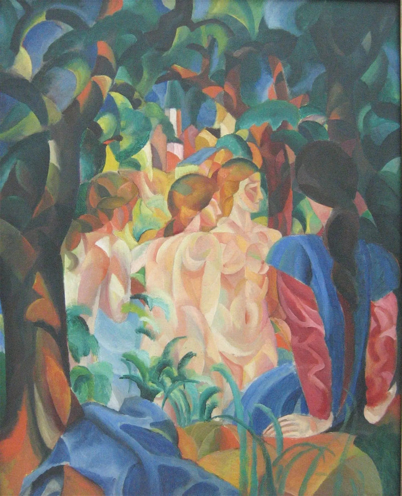 Meninas se banhando com a cidade ao fundo - August Macke