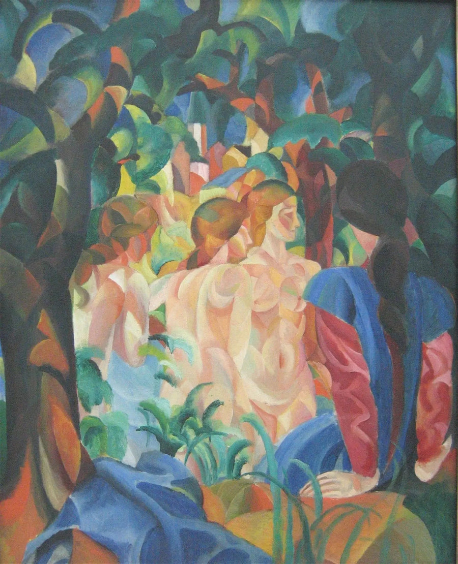 Meninas se banhando com a cidade ao fundo - August Macke