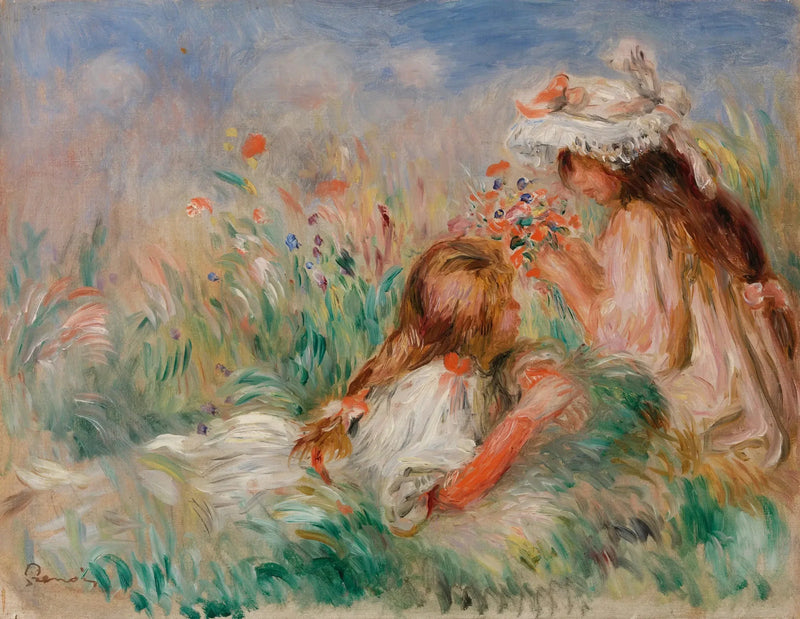 Menina deitada na grama e jovem arrumando um buquê - Pierre-Auguste Renoir