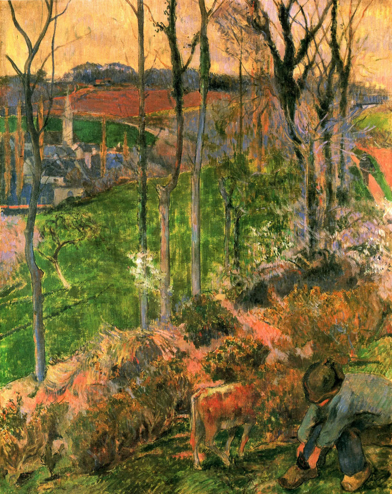 Fim do inverno em Pont-Aven, bretão e bezerro; ou Pequeno Bretão arrumando seu tamanco - Paul Gauguin