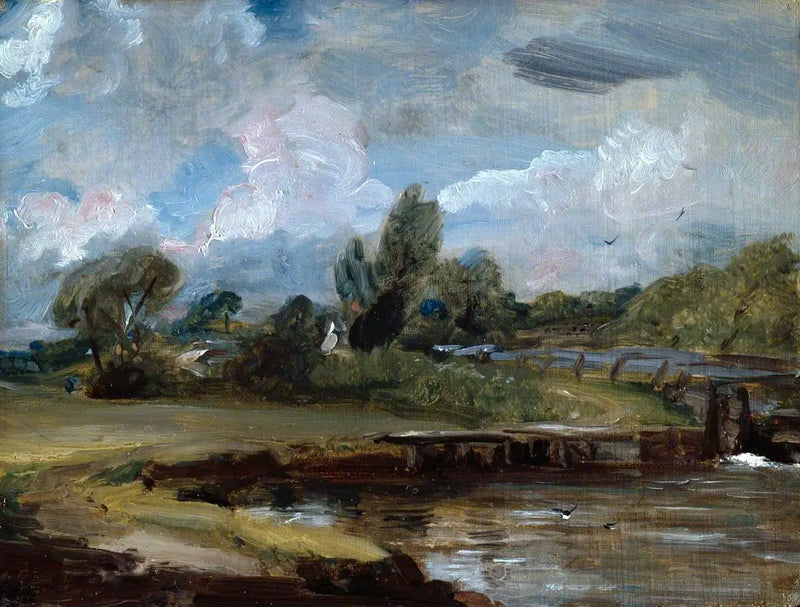 Flatford Lock, um caminho às margens de um rio - John Constable