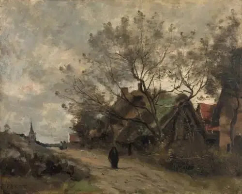 Flesselles. Casas de campo vistas através das árvores à beira de uma estrada - Jean-Baptiste Camille Corot