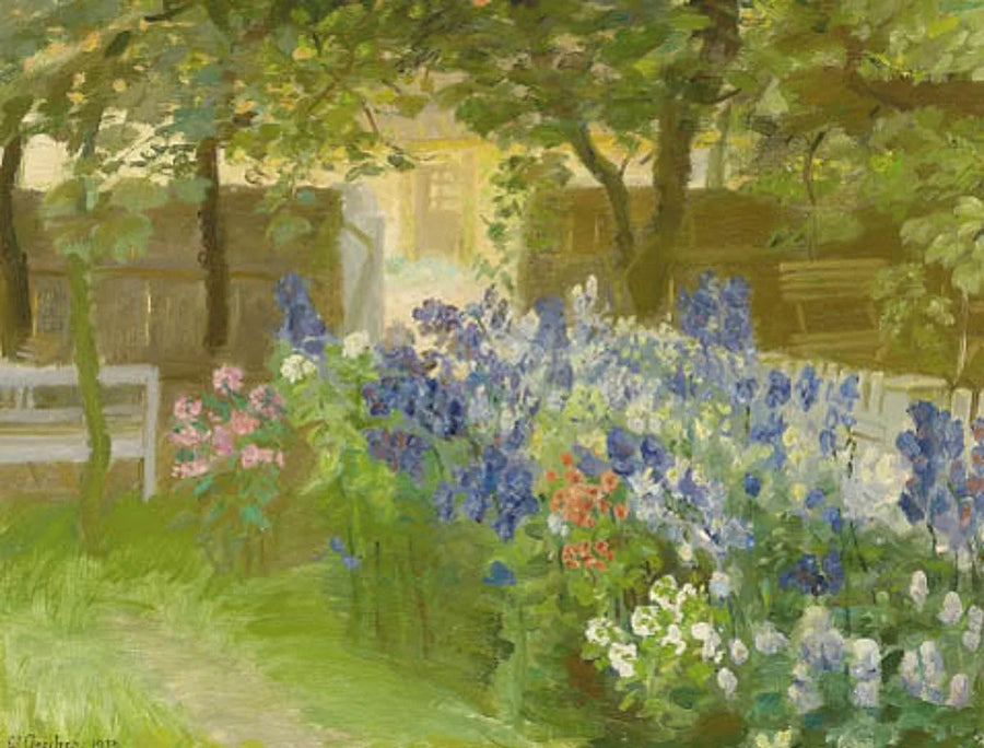 Flores no jardim de Brøndum, vista para "Rullestuen". - Anna Ancher