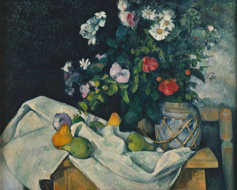 Flores em um vaso de gengibre e frutas - Paul Cézanne